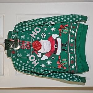 Santa Christmas Green Red Sweatshirt And Beanie Hat Set New Size S